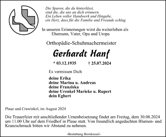 Traueranzeige von Gerhardt Hanf