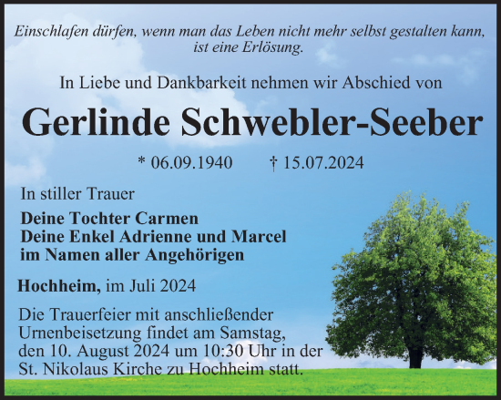 Traueranzeige von Gerlinde Schwebler-Seeber von Thüringer Allgemeine, Thüringische Landeszeitung