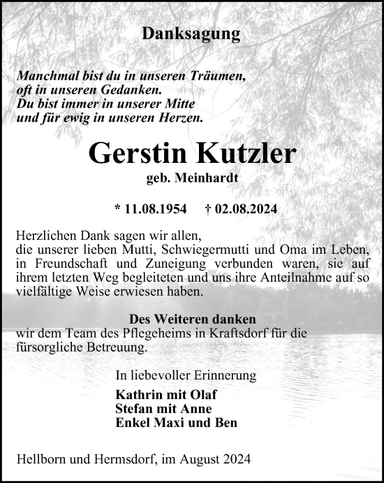 Traueranzeige von Gerstin Kutzler von Ostthüringer Zeitung