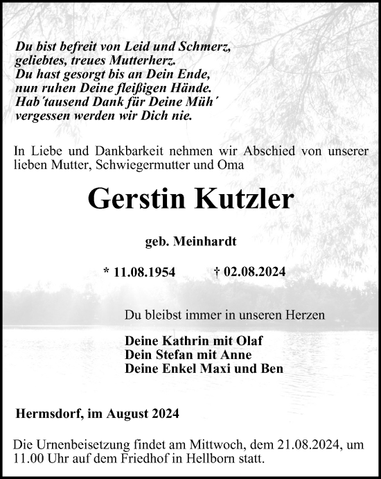 Traueranzeige von Gerstin Kutzler von Ostthüringer Zeitung