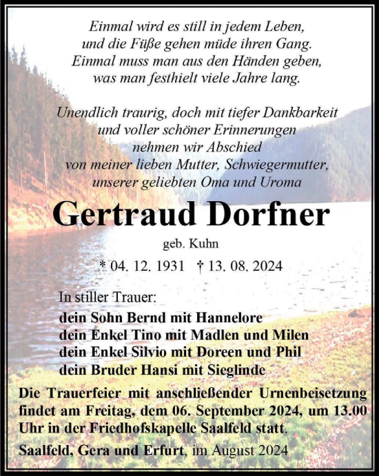 Traueranzeige von Gertraud Dorfner von Ostthüringer Zeitung