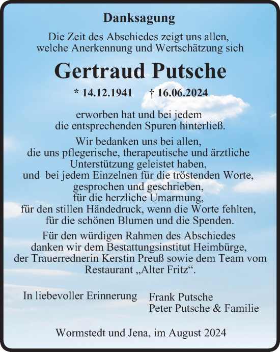 Traueranzeige von Gertraud Putsche von Thüringer Allgemeine, Thüringische Landeszeitung