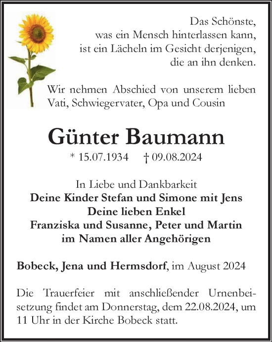 Traueranzeige von Günter Baumann von Ostthüringer Zeitung