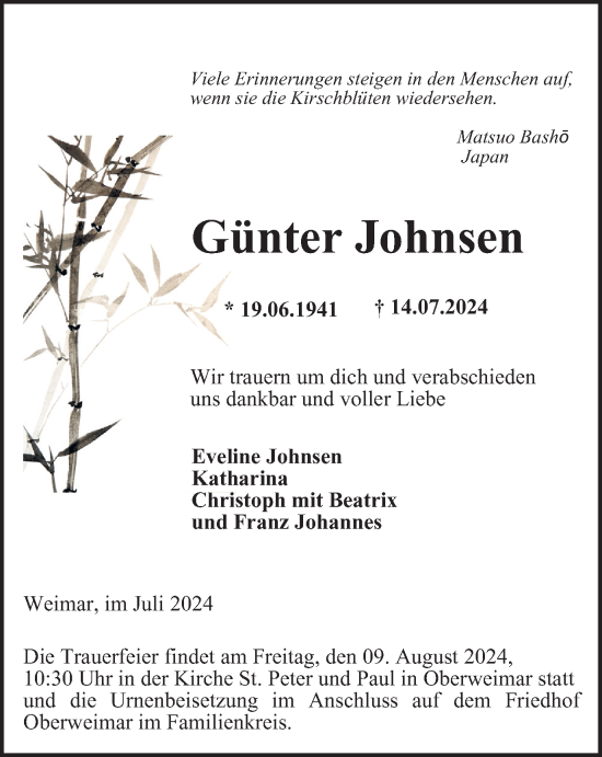 Traueranzeige von Günter Johnsen von Thüringer Allgemeine, Thüringische Landeszeitung