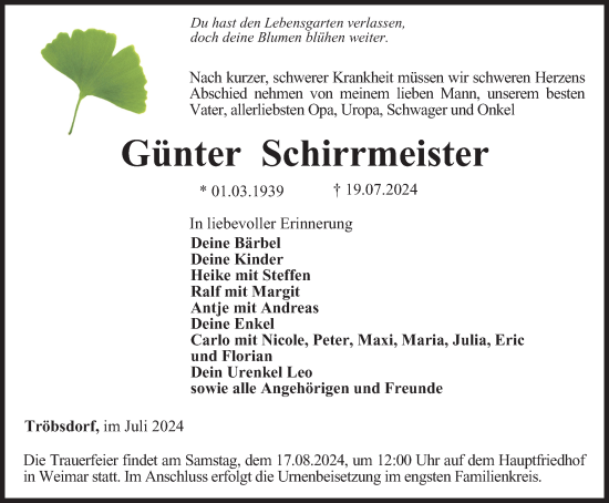 Traueranzeige von Günter Schirrmeister von Thüringer Allgemeine, Thüringische Landeszeitung