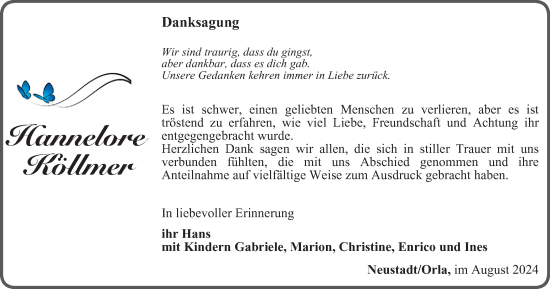 Traueranzeige von Hannelore Köllmer von Ostthüringer Zeitung