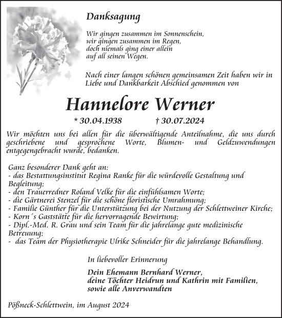 Traueranzeige von Hannelore Werner von Ostthüringer Zeitung