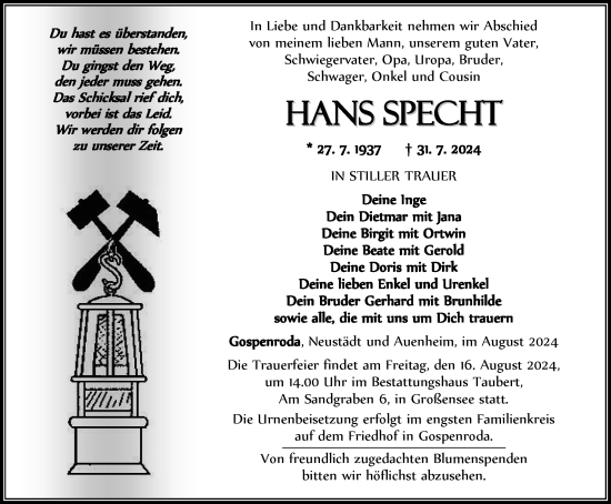 Traueranzeige von Hans Specht von Thüringer Allgemeine, Thüringische Landeszeitung