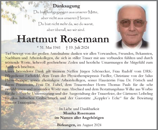 Traueranzeige von Hartmut Rosemann von Thüringer Allgemeine