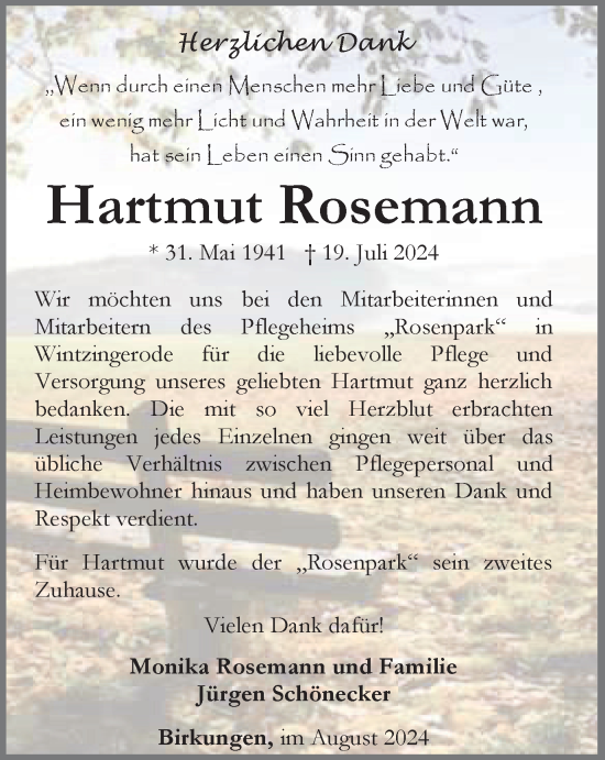 Traueranzeige von Hartmut Rosemann von Thüringer Allgemeine