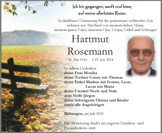 Traueranzeige von Hartmut Rosemann von Thüringer Allgemeine