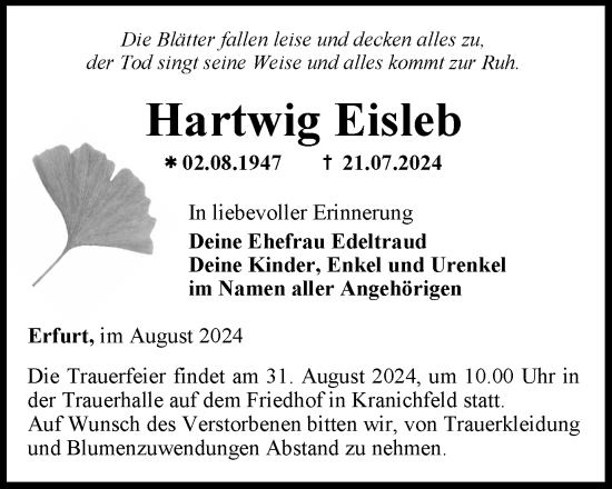 Traueranzeige von Hartwig Eisleb von Thüringer Allgemeine, Thüringische Landeszeitung