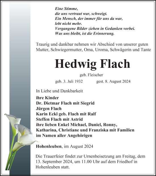 Traueranzeige von Hedwig Flach von Ostthüringer Zeitung