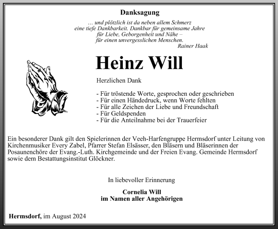 Traueranzeige von Heinz Will von Ostthüringer Zeitung