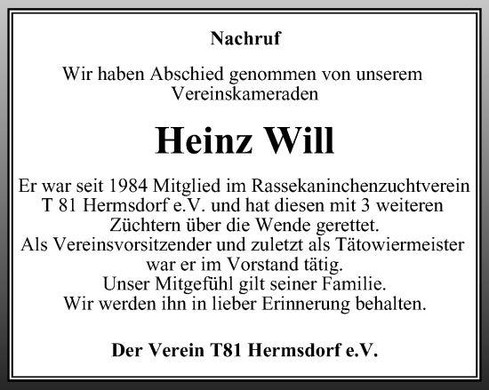 Traueranzeige von Heinz Will von Ostthüringer Zeitung