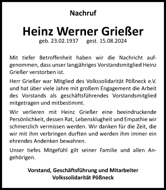 Traueranzeige von Heinz Werner Grießer von Ostthüringer Zeitung