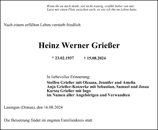 Traueranzeige von Heinz Werner Grießer von Ostthüringer Zeitung