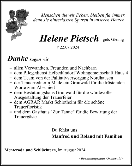 Traueranzeige von Helene Pietsch von Thüringer Allgemeine, Thüringische Landeszeitung