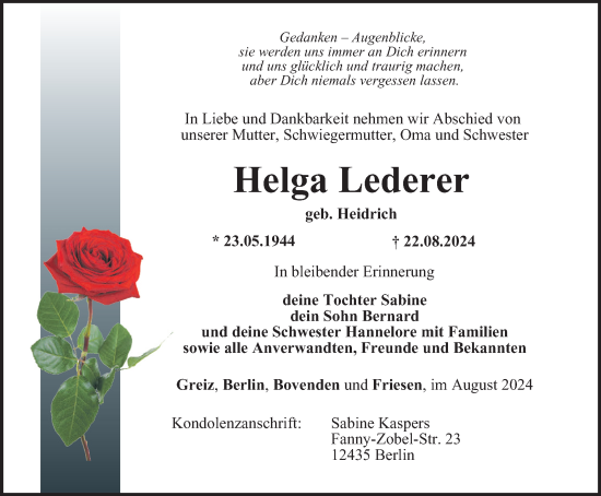 Traueranzeige von Helga Lederer von Ostthüringer Zeitung