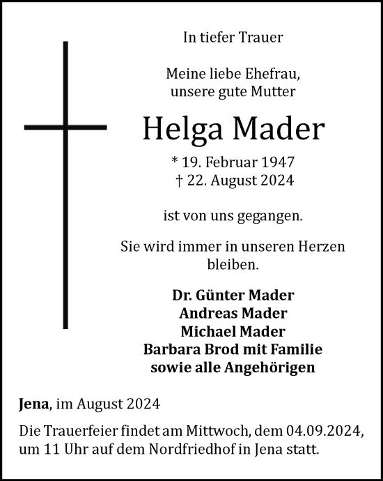 Traueranzeige von Helga Mader von Ostthüringer Zeitung, Thüringische Landeszeitung