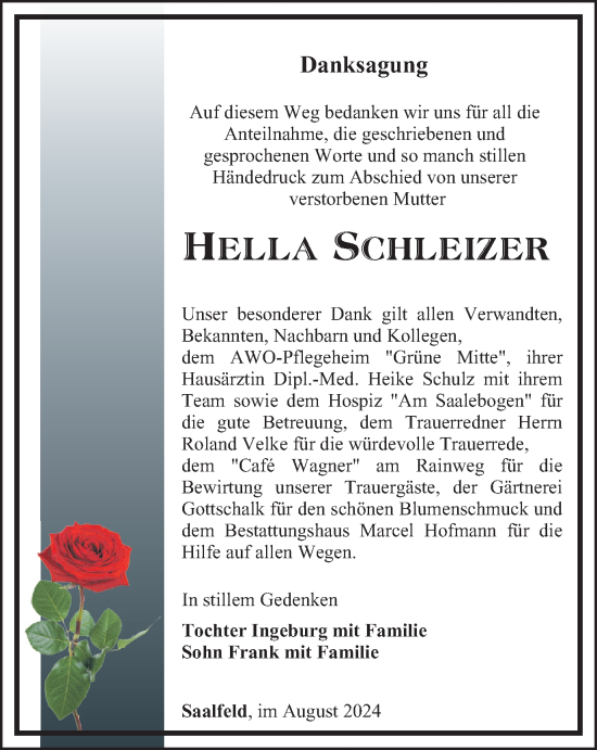 Traueranzeige von Hella Schleizer von Ostthüringer Zeitung