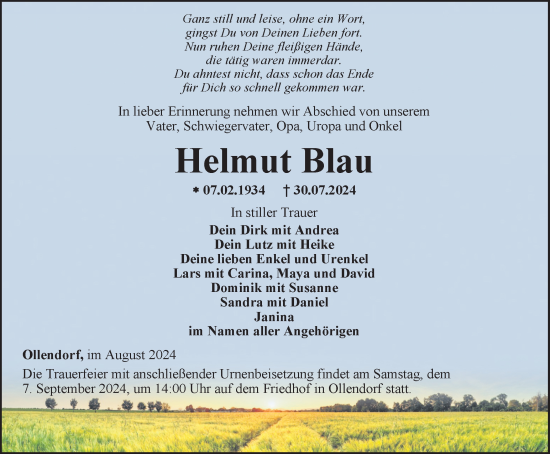 Traueranzeige von Helmut Blau von Thüringer Allgemeine, Thüringische Landeszeitung
