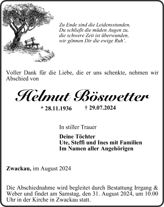 Traueranzeige von Helmut Böswetter von Ostthüringer Zeitung