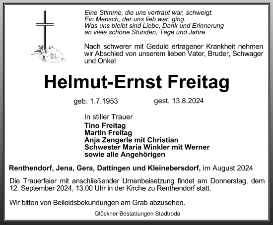 Traueranzeige von Helmut-Ernst Freitag von Ostthüringer Zeitung