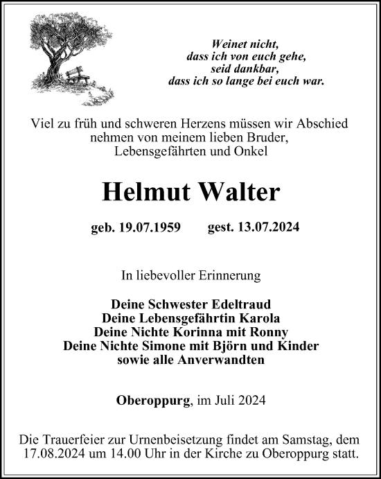 Traueranzeige von Helmut Walter von Ostthüringer Zeitung