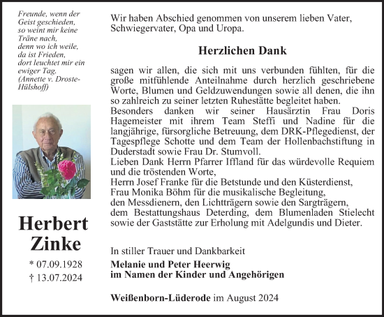 Traueranzeige von Herbert Zinke von Thüringer Allgemeine