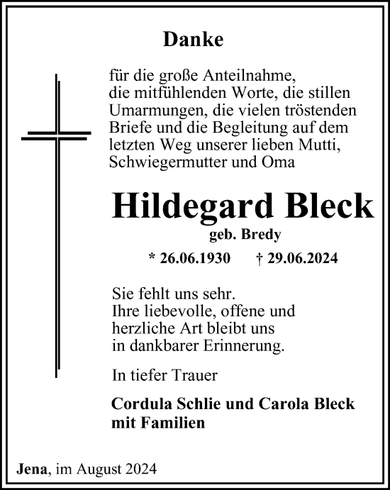 Traueranzeige von Hildegard Bleck von Ostthüringer Zeitung, Thüringische Landeszeitung