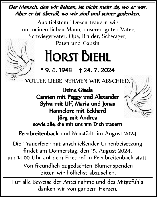 Traueranzeige von Horst Biehl von Thüringer Allgemeine, Thüringische Landeszeitung
