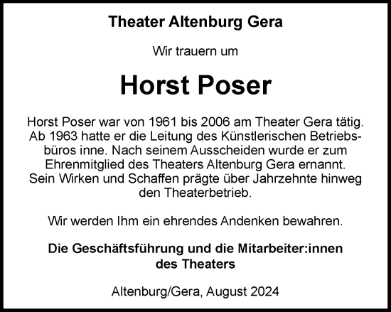 Traueranzeige von Horst Poser von Ostthüringer Zeitung