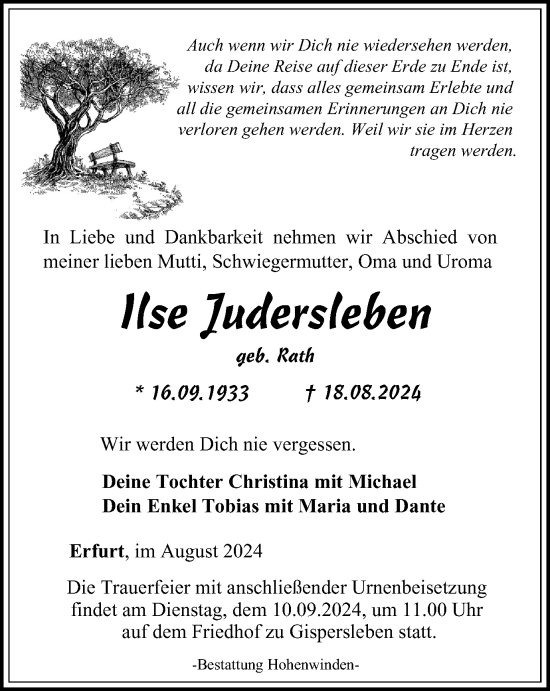 Traueranzeige von Ilse Judersleben von Thüringer Allgemeine, Thüringische Landeszeitung