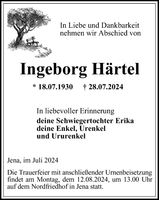 Traueranzeige von Ingeborg Härtel von Ostthüringer Zeitung, Thüringische Landeszeitung