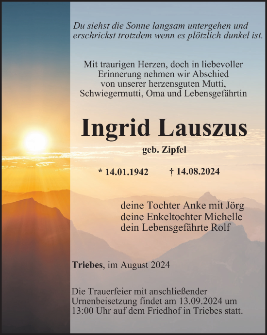 Traueranzeige von Ingrid Lauszus von Ostthüringer Zeitung