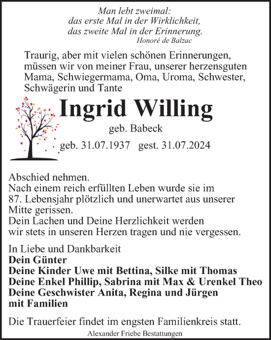 Traueranzeige von Ingrid Willing