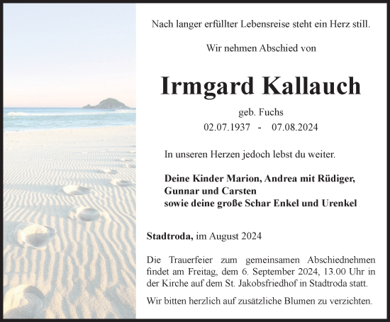 Traueranzeige von Irmgard Kallauch von Ostthüringer Zeitung