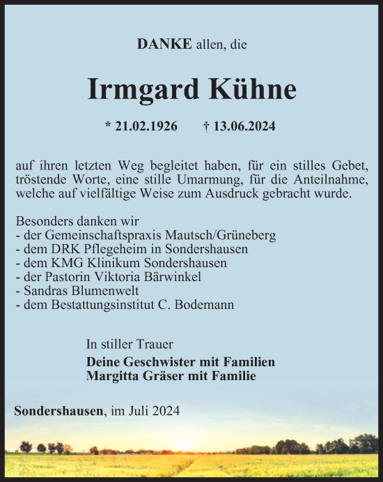 Traueranzeige von Irmgard Kühne von Thüringer Allgemeine