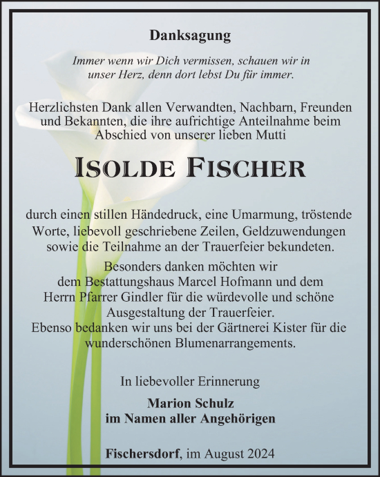 Traueranzeige von Isolde Fischer