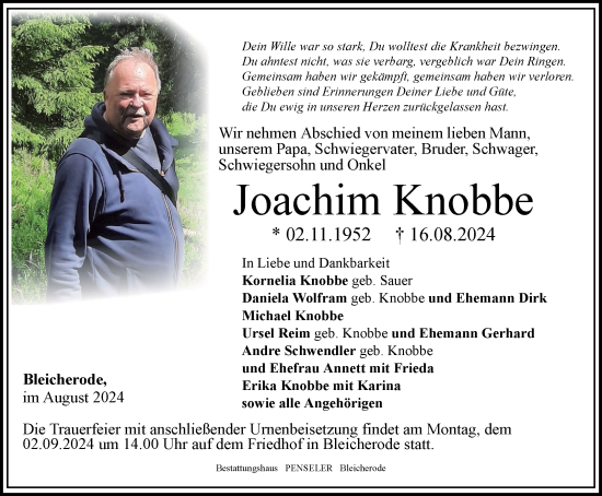 Traueranzeige von Joachim Knobbe von Thüringer Allgemeine