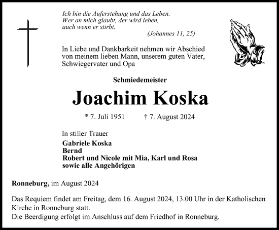 Traueranzeige von Joachim Koska von Ostthüringer Zeitung