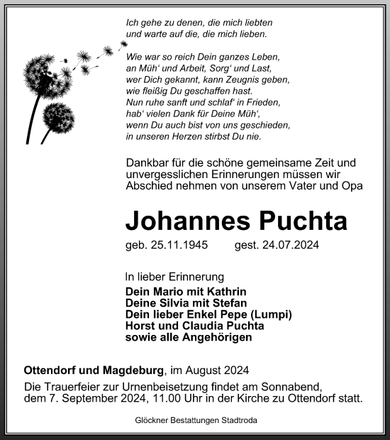 Traueranzeige von Johannes Puchta von Ostthüringer Zeitung