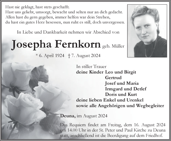 Traueranzeige von Josepha Fernkorn von Thüringer Allgemeine