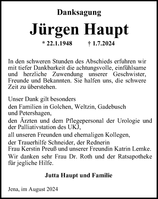 Traueranzeige von Jürgen Haupt von Ostthüringer Zeitung, Thüringische Landeszeitung