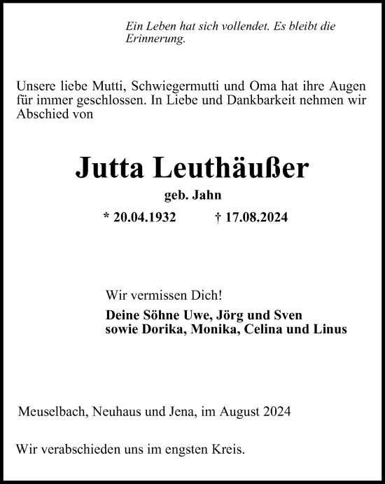 Traueranzeige von Jutta Leuthäußer von Ostthüringer Zeitung