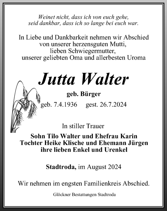 Traueranzeige von Jutta Walter von Ostthüringer Zeitung