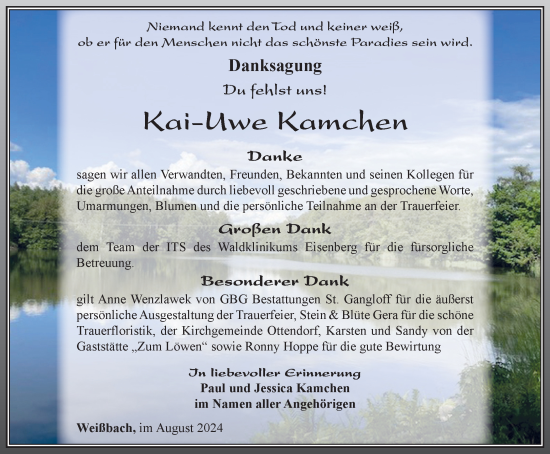 Traueranzeige von Kai-Uwe Kamchen von Ostthüringer Zeitung