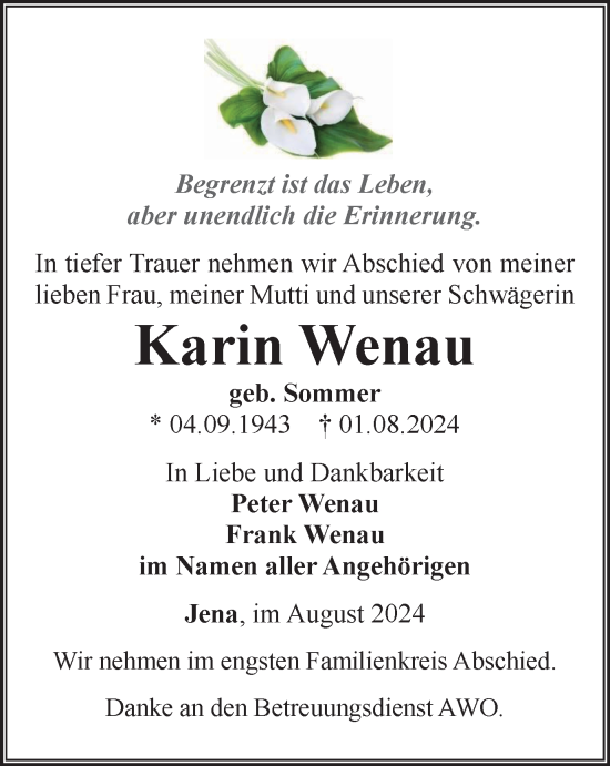 Traueranzeige von Karin Wenau von Ostthüringer Zeitung, Thüringische Landeszeitung