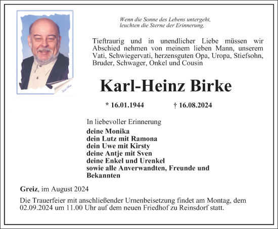 Traueranzeige von Karl-Heinz Birke von Ostthüringer Zeitung